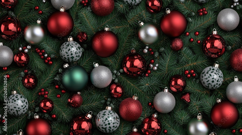 Bright red Christmas ornaments dangle from lush evergreen branches, creating a joyful holiday atmosphere against a beautiful snowy backdrop Bright red Christmas ornaments dangle from lush evergreen branches, creating a joyful holiday atmosphere against a beautiful snowy backdrop