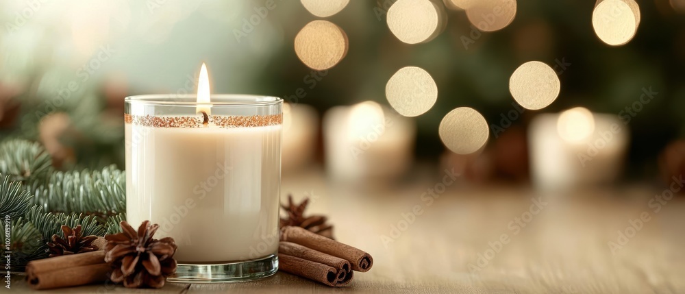 A scented candle with warm light, surrounded by pine and cinnamon, creating a cozy atmosphere for relaxation. A scented candle with warm light, surrounded by pine and cinnamon, creating a cozy atmosphere for relaxation.
