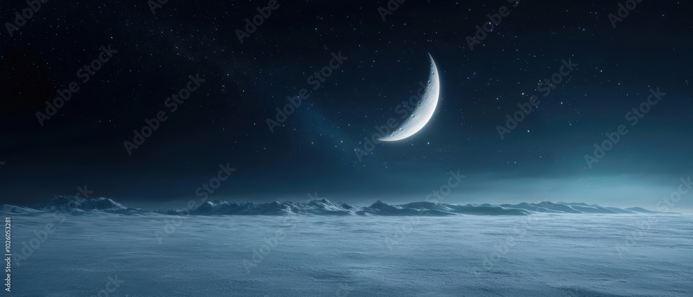 Fototapeta premium A serene night sky featuring a crescent moon above a tranquil landscape, evoking peace and wonder.