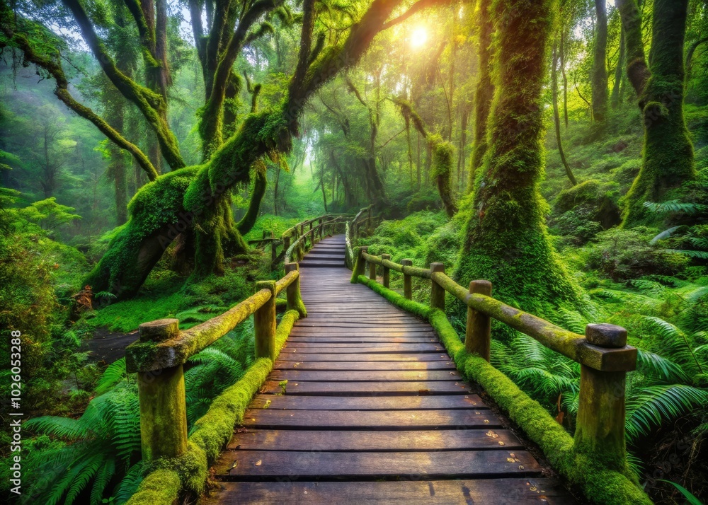 Fototapeta premium Experience the peaceful beauty of Ang Ka Luang Nature Trail on Doi Inthanon Peak, where lush, mossy forests create a serene escape into nature's embrace.