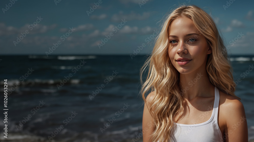 a fit and toned woman enjoying a day at the beach, highlighting the active lifestyle she leads. Her body glistens in the sun as she embraces the beauty of the natural surroundings. a fit and toned woman enjoying a day at the beach, highlighting the active lifestyle she leads. Her body glistens in the sun as she embraces the beauty of the natural surroundings.