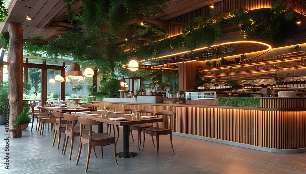 Fototapeta premium Rustic restaurant architecture and cafe made of wood Generative IA