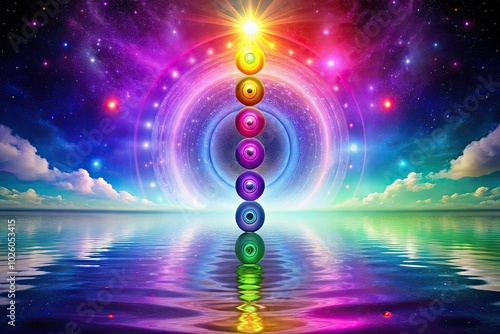 Experience the seven significant chakras glowing with ethereal purple energy and swirling rainbow vortexes, beautifully depicted against a peaceful cosmic space that promotes harmony. photo