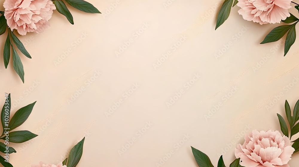 Soft pink peony flowers frame the edges with lush green leaves on a gentle beige backdrop, creating a serene and detailed composition that captures nature's elegance Soft pink peony flowers frame the edges with lush green leaves on a gentle beige backdrop, creating a serene and detailed composition that captures nature's elegance