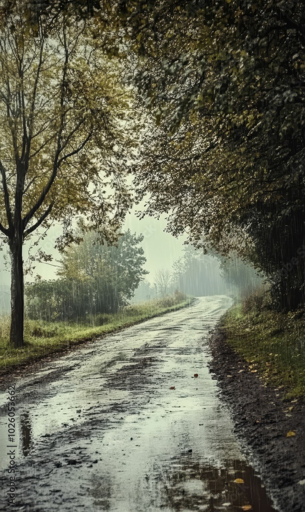 Rainy forest road with trees on each side. Rainy forest road with trees on each side.
