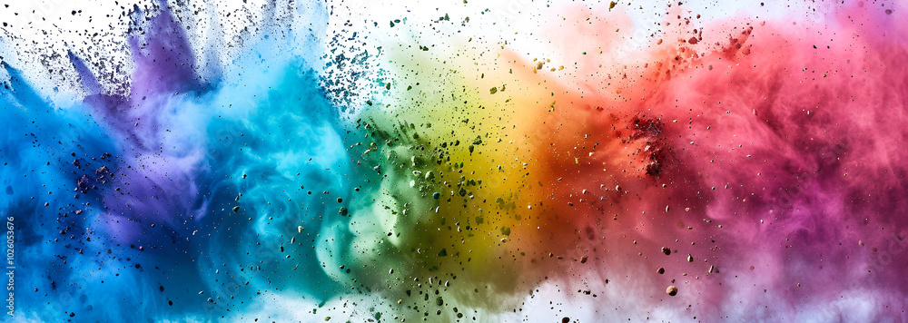 An explosion of bright rainbow colors on white, isolated in a wide panorama with holi paint color powder in the background An explosion of bright rainbow colors on white, isolated in a wide panorama with holi paint color powder in the background