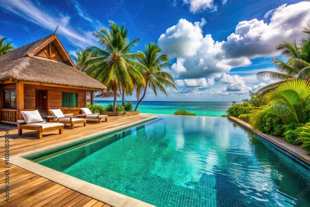 Fototapeta premium Experience the ultimate luxury in a beachfront villa, featuring a stunning swimming pool and breathtaking lagoon views in a serene tropical summer resort.