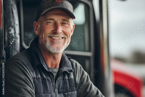 A smiling male truck driver standing in front of a heavy duty truck, Professional driver, Trucker lifestyle, Delivery services