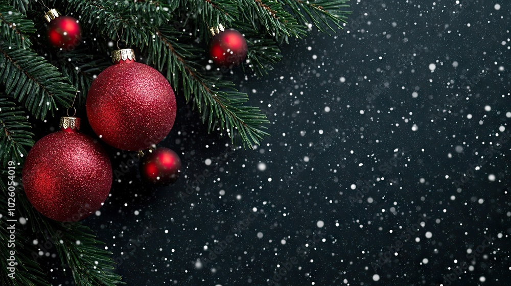 Red ornaments adorn evergreen branches, creating a cheerful holiday atmosphere against a snowy setting, ideal for seasonal decorations Red ornaments adorn evergreen branches, creating a cheerful holiday atmosphere against a snowy setting, ideal for seasonal decorations