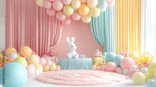 Baby shower stage with giant pastel balloons and toys, 3D illustration photo