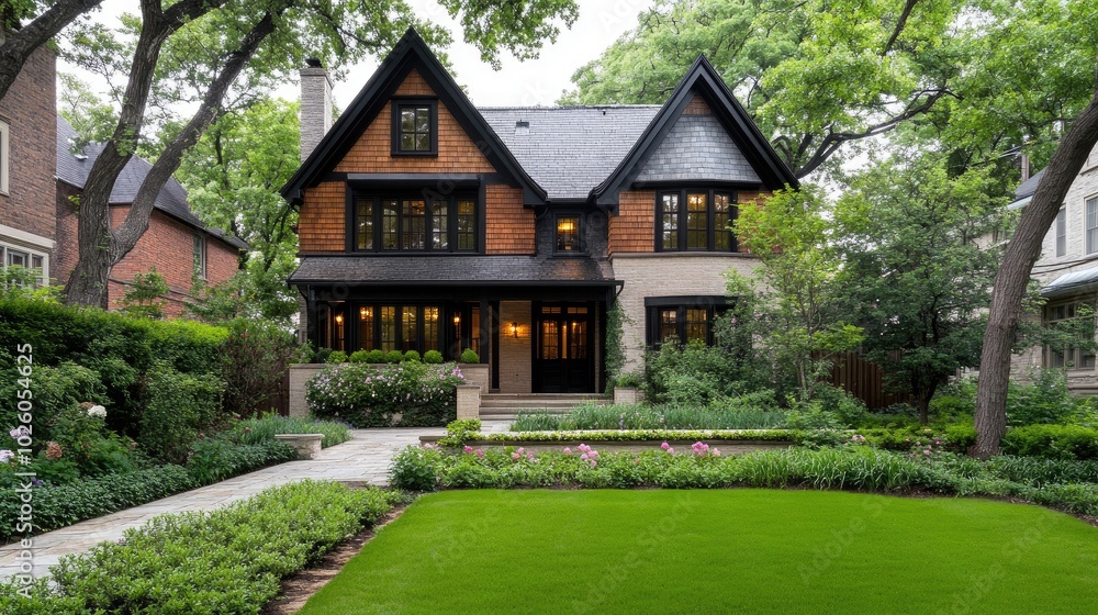 This charming modern rustic house features wood accents, black windows, and a stone chimney, nestled amidst lush trees and a vibrant green lawn This charming modern rustic house features wood accents, black windows, and a stone chimney, nestled amidst lush trees and a vibrant green lawn