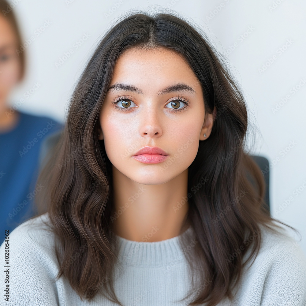 Confident young woman with long dark hair sitting in an office setting, looking directly at the camera, conveying professionalism and focus. Confident young woman with long dark hair sitting in an office setting, looking directly at the camera, conveying professionalism and focus.