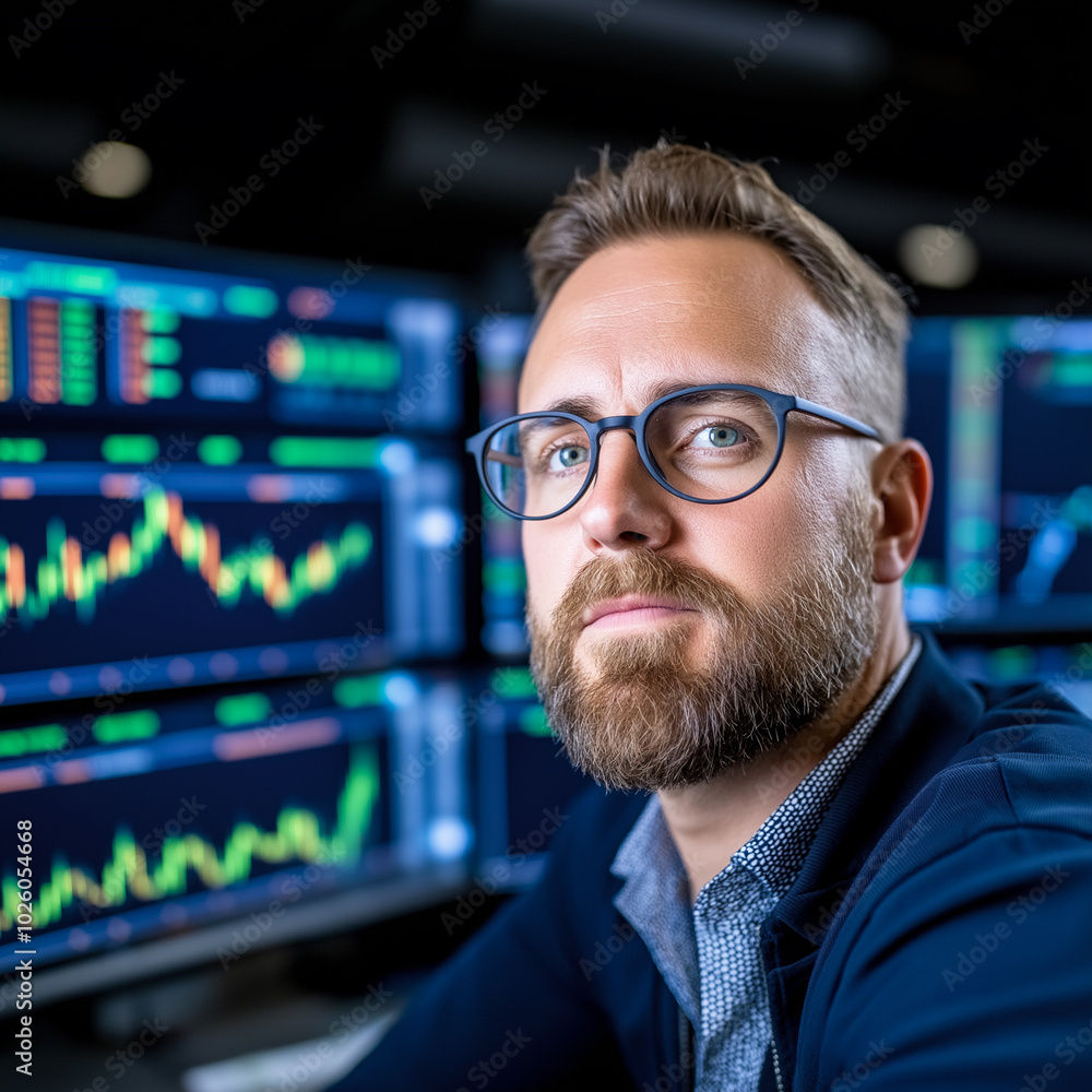 Focused stock trader analyzing market trends on multiple screens in high-tech office environment, showcasing modern finance and technology. Focused stock trader analyzing market trends on multiple screens in high-tech office environment, showcasing modern finance and technology.