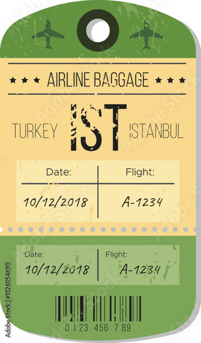 This baggage tag shows details for a flight to Istanbul, Turkey, including the date of travel, October 12, 2018, and the flight number A-1234.