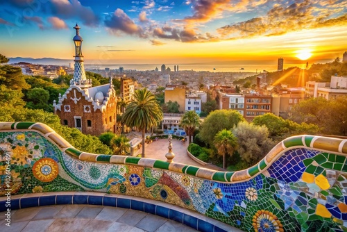 Aerial View of Parc Guell: Vibrant Colors and Architectural Wonders in Barcelona