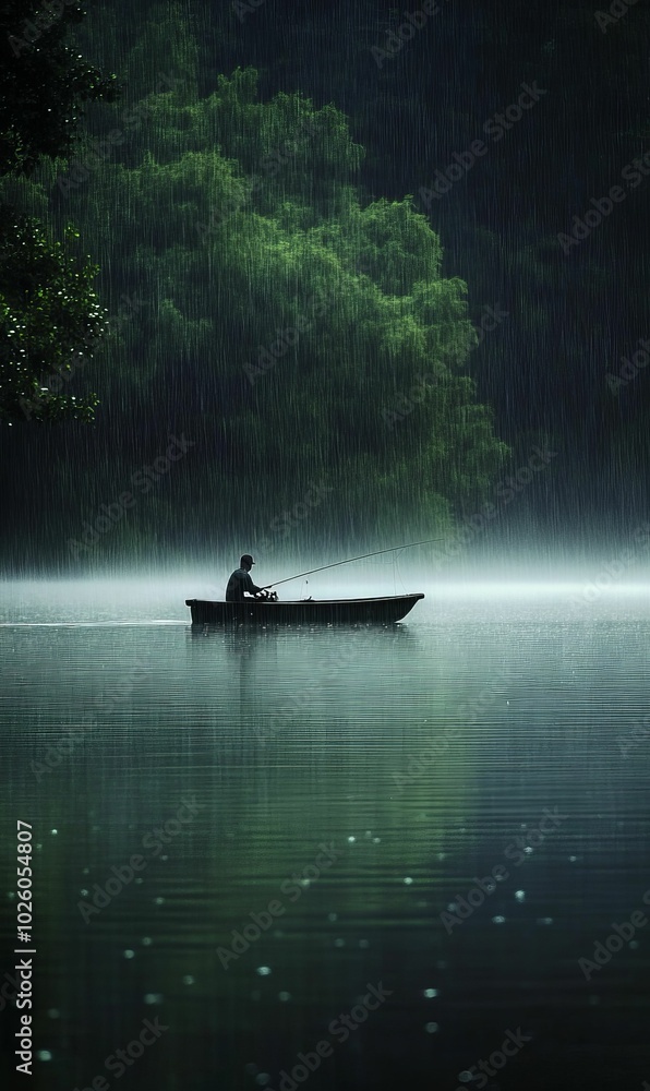 Fototapeta premium A solitary fisherman in a boat on a rainy lake.