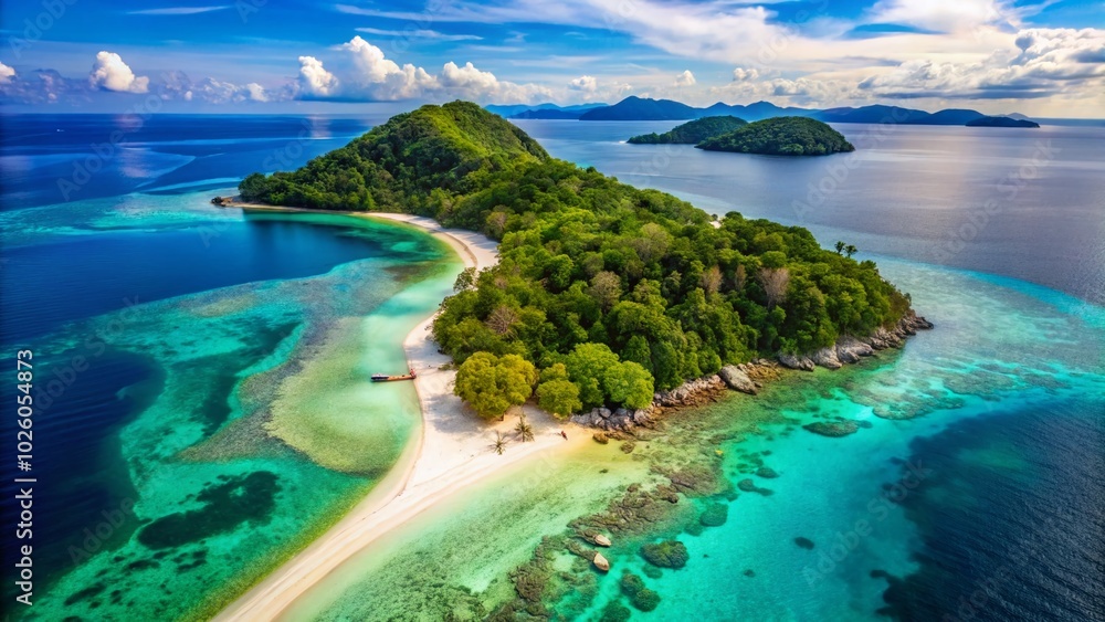 Fototapeta premium Aerial View of Rawa Island's Stunning White Sandy Beach in Malaysia - Tropical Paradise Photography
