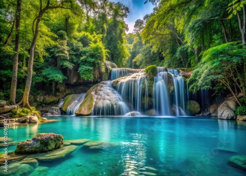 Explore Erawan National Park in Thailand, featuring mesmerizing emerald blue lakes and cascading waterfalls, all nestled within lush tropical jungles filled with vibrant wildlife.