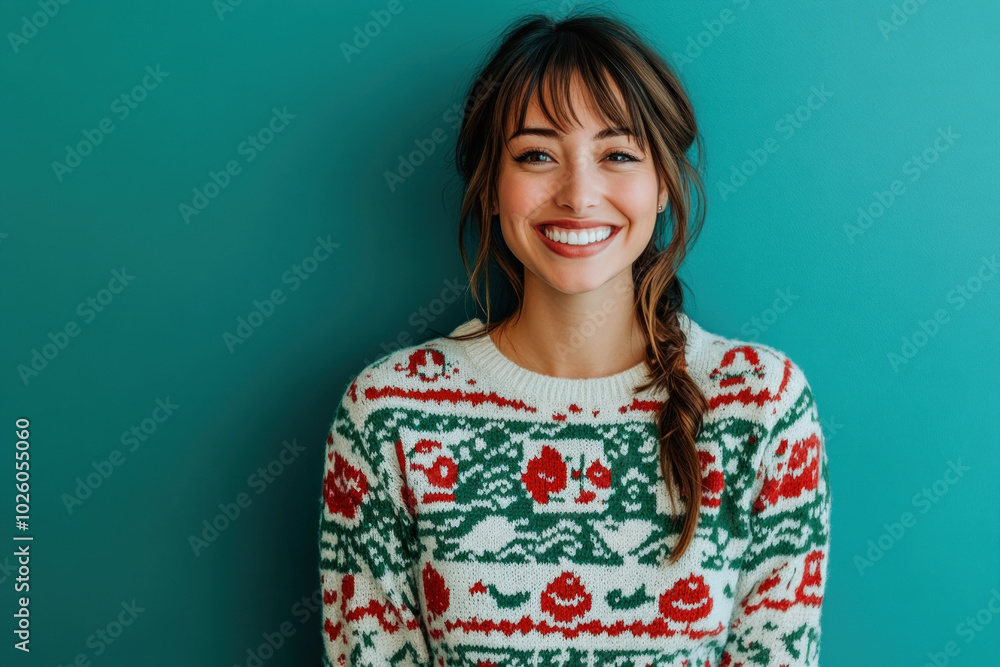 Fototapeta premium Woman wearing a Christmas sweater, smiling next to a beautifully decorated tree with colorful ornaments and twinkling lights shining in the background.