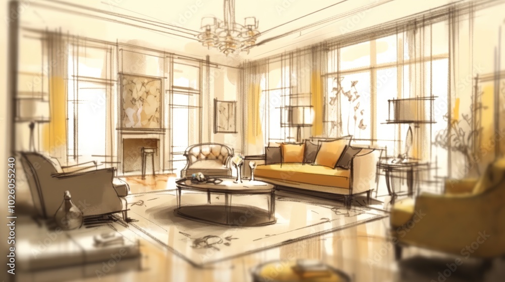 A hand-drawn sketch of a luxurious living room with large windows, a sofa, chairs, a coffee table, a fireplace, and a chandelier. A hand-drawn sketch of a luxurious living room with large windows, a sofa, chairs, a coffee table, a fireplace, and a chandelier.