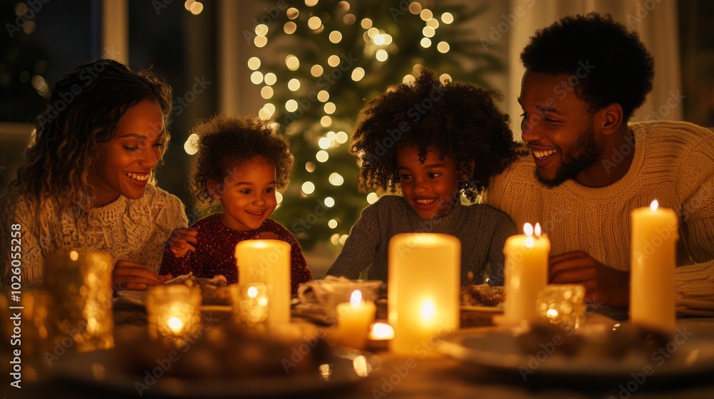 A family of four is gathered around a table with candles and a Christmas tree A family of four is gathered around a table with candles and a Christmas tree