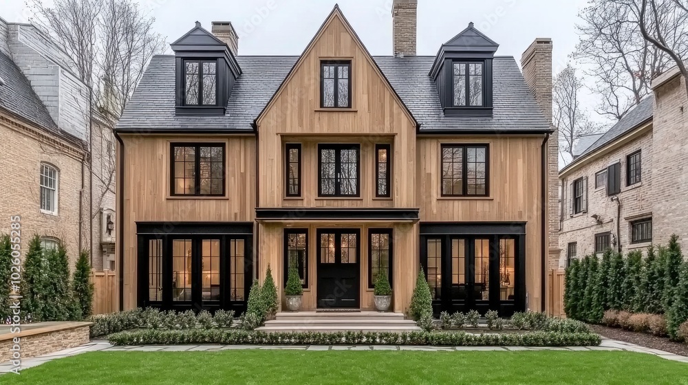 Fototapeta premium This charming modern rustic house features wood accents, black windows, and a stone chimney, nestled amidst lush trees and a vibrant green lawn
