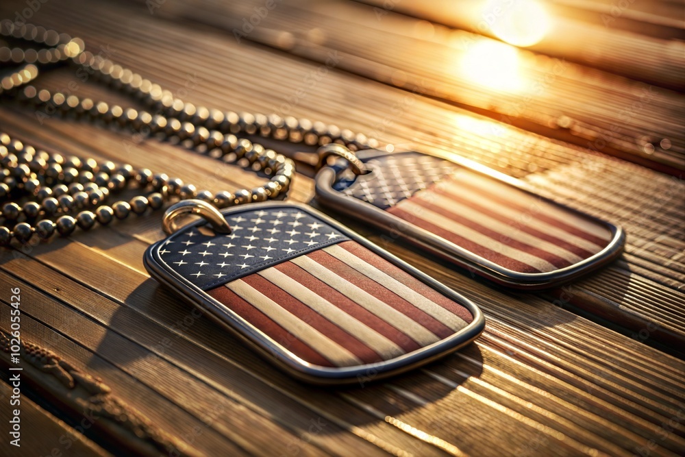 Fototapeta premium Dog tags on wooden surface with sunbeam veterans day tribute