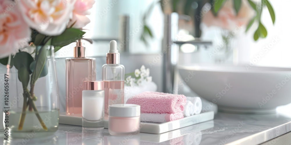 Beauty care regimen displayed on a bathroom counter. Beauty care regimen displayed on a bathroom counter.