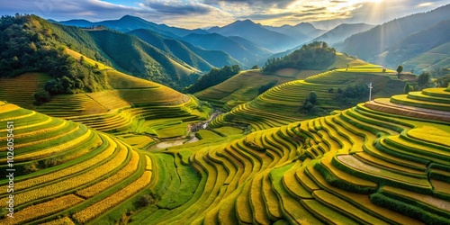 Aerial View of Vibrant Paddy Fields in Mu Cang Chai, Vietnam During Harvest Season