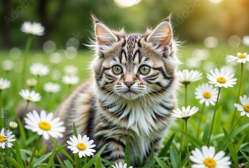 A small, adorable kitten is peacefully sitting in a lovely field of daisies