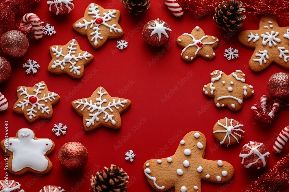 Holiday Cheer with Festive Gingerbread Decorations. A Vibrant Red Background Adorned with Traditional Christmas Cookies and Ornaments Holiday Cheer with Festive Gingerbread Decorations. A Vibrant Red Background Adorned with Traditional Christmas Cookies and Ornaments