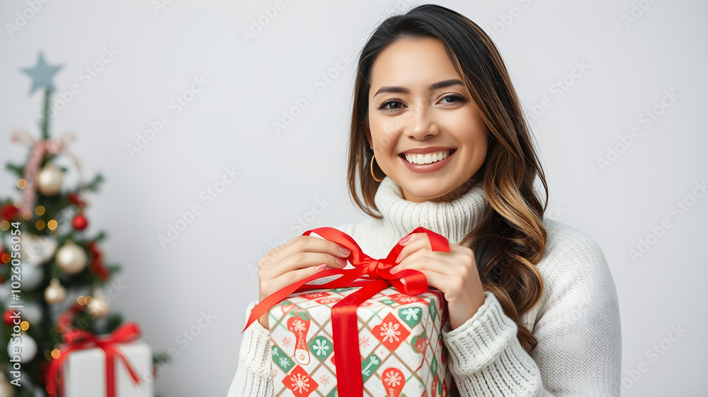 A woman is holding a gift box with a red ribbon and smiling A woman is holding a gift box with a red ribbon and smiling