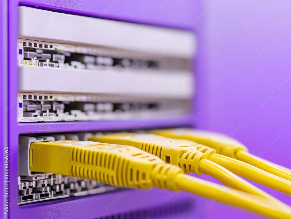Close-up of yellow Ethernet cables connected to a purple networking device, showcasing modern technological infrastructure and connectivity. Close-up of yellow Ethernet cables connected to a purple networking device, showcasing modern technological infrastructure and connectivity.