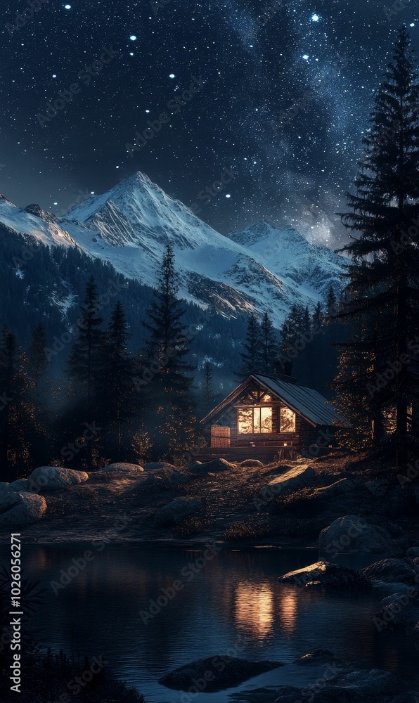 Fototapeta premium Cabin by a lake with a starry sky.