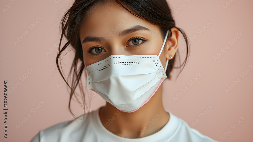 A woman wearing a white mask with pink trim A woman wearing a white mask with pink trim