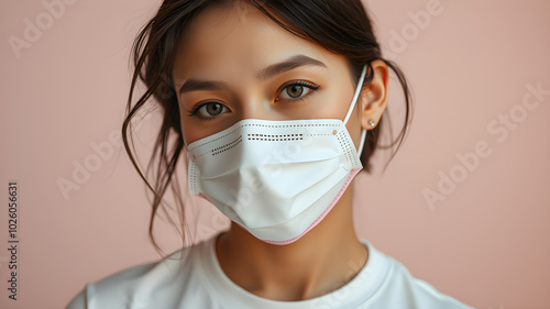 A woman wearing a white mask with pink trim