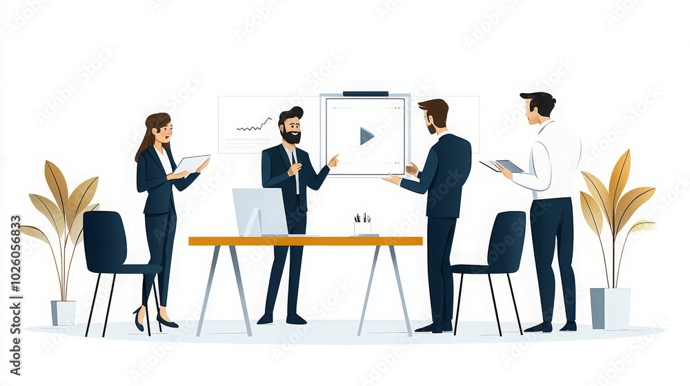 Business Meeting Concept with Employees Engaged in Presentation Illustration Business Meeting Concept with Employees Engaged in Presentation Illustration