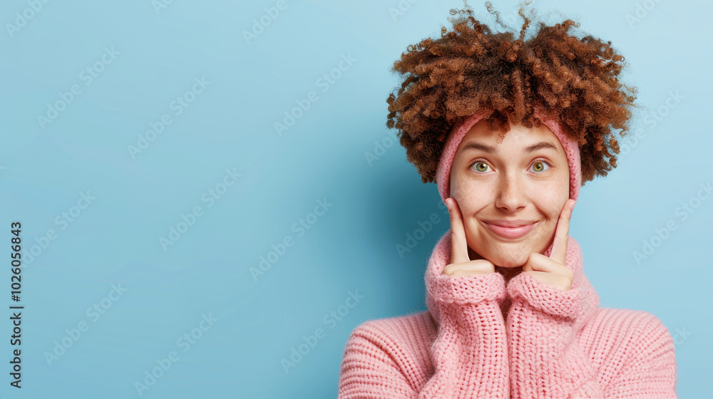 Smiling Caucasian young woman wearing pink wool sweater and turban for fashion casual on blue pastel background. Copy space Smiling Caucasian young woman wearing pink wool sweater and turban for fashion casual on blue pastel background. Copy space