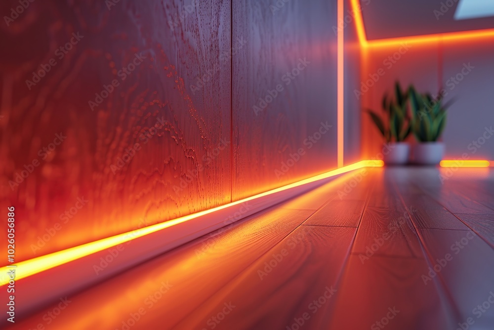 Modern interior design with orange LED strip lights along the wall and wooden floor. Modern interior design with orange LED strip lights along the wall and wooden floor.