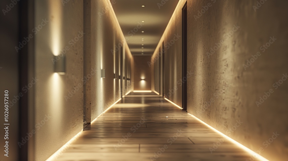A long, narrow hallway with warm lighting and wooden floors. The walls are a light beige color and there are doors on either side of the hallway. A long, narrow hallway with warm lighting and wooden floors. The walls are a light beige color and there are doors on either side of the hallway.