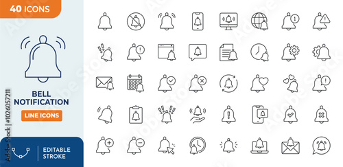 bell Notification line editable icon set. Symbol of alarm. Notification message. Call and notification for smartphone. Editable stroke. Vector illustration