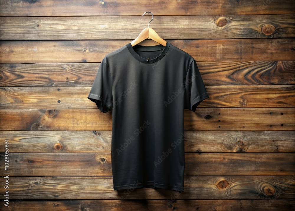 Featuring a stylish black T-shirt, set against a charming rustic wooden background. The texture of the wood complements the shirt's sleek design, creating an eye-catching display. Featuring a stylish black T-shirt, set against a charming rustic wooden background. The texture of the wood complements the shirt's sleek design, creating an eye-catching display.