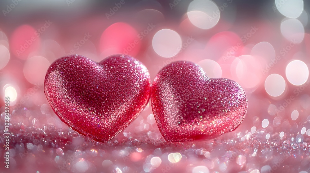 Two glowing hearts a pink glitter backdrop surrounded by shiny sparkles and light reflections capturing the essence of love and Valentine's Day in a soft elegant and festive atmosphere Two glowing hearts a pink glitter backdrop surrounded by shiny sparkles and light reflections capturing the essence of love and Valentine's Day in a soft elegant and festive atmosphere
