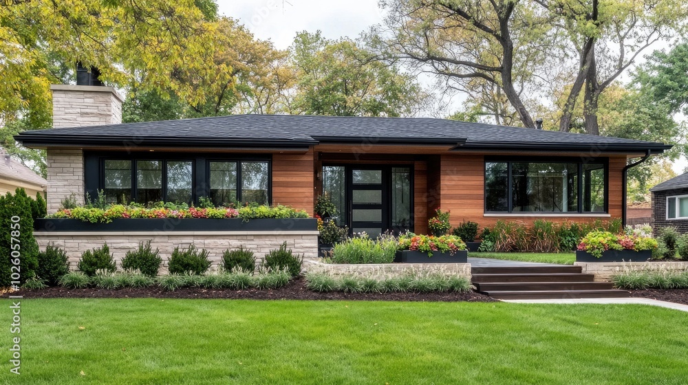 This charming modern rustic house features wood accents, black windows, and a stone chimney, nestled amidst lush trees and a vibrant green lawn