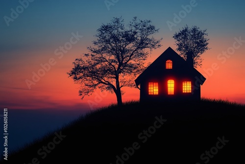 House on a hill at twilight with glowing windows and silhouetted trees, spooky and atmospheric design, perfect for Halloween, eerie themes, or cozy nighttime visuals with copyspace.