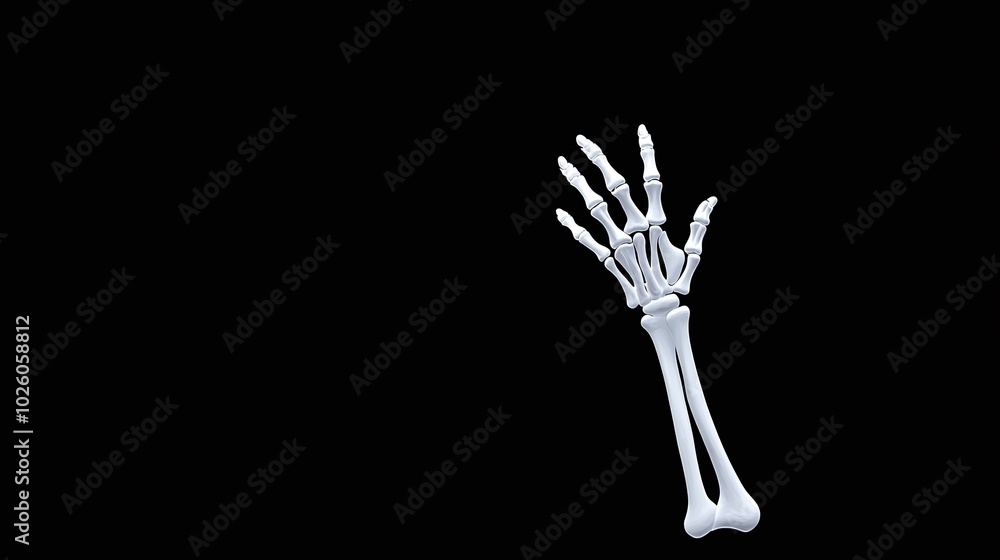 Skeletal hand reaching out on black background, minimalistic and eerie design, perfect for Halloween, spooky themes, or medical content, with copyspace for text and a dark atmosphere.

