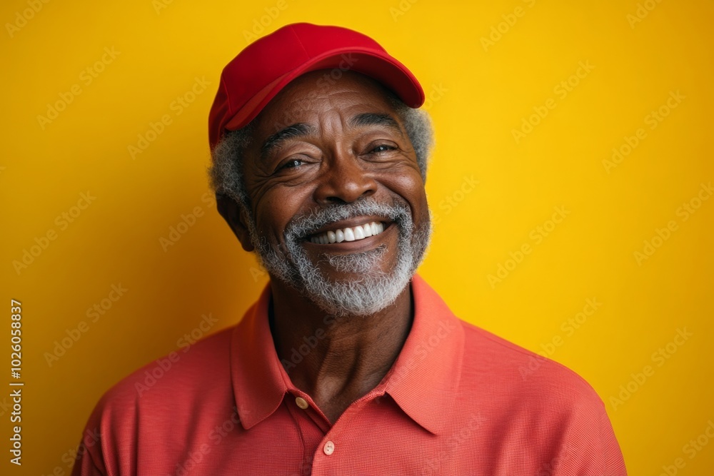 Man in a red shirt and hat is smiling and looking at the camera. happy, senior African American man with grey hair and a beard, wearing a plain red golf shirt and red cap hat and smiling, isolated Man in a red shirt and hat is smiling and looking at the camera. happy, senior African American man with grey hair and a beard, wearing a plain red golf shirt and red cap hat and smiling, isolated
