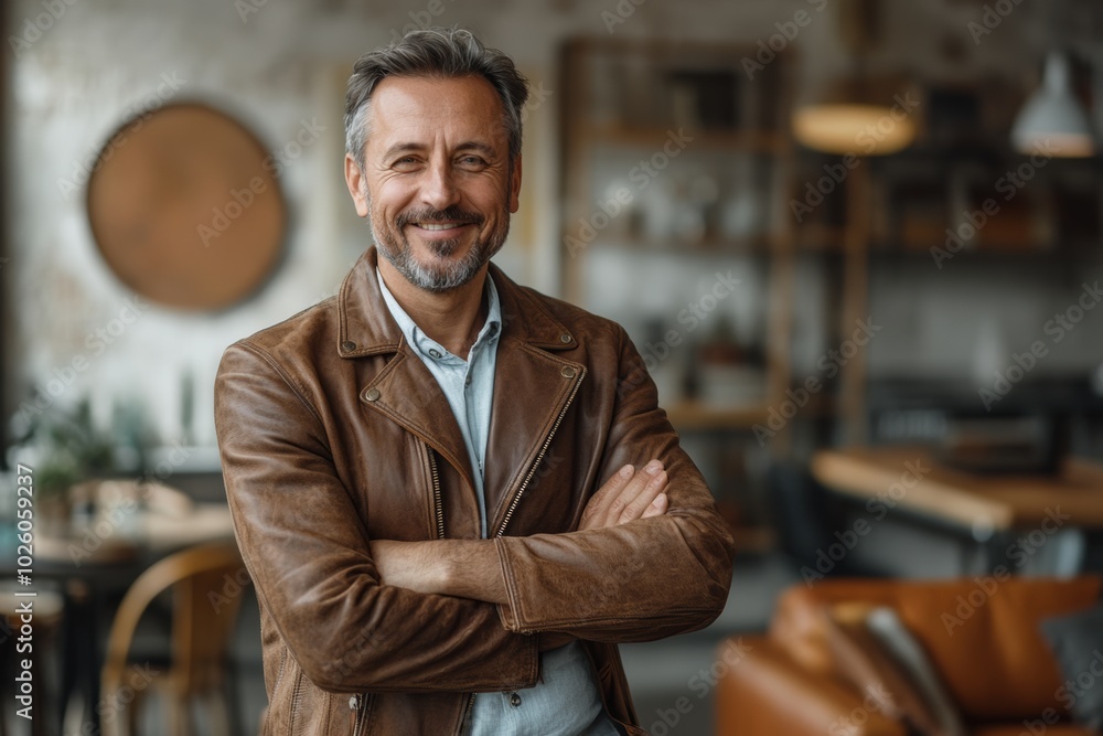Man in a brown jacket, white shirt is smiling for camera. He is sitting in room with a lot of furniture. glad man in his 40s sporting stylish leather blazer while standing against interior background Man in a brown jacket, white shirt is smiling for camera. He is sitting in room with a lot of furniture. glad man in his 40s sporting stylish leather blazer while standing against interior background