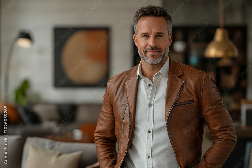 Man in a brown jacket, white shirt is smiling for camera. He is sitting in room with a lot of furniture. glad man in his 40s sporting stylish leather blazer while standing against interior background Man in a brown jacket, white shirt is smiling for camera. He is sitting in room with a lot of furniture. glad man in his 40s sporting stylish leather blazer while standing against interior background