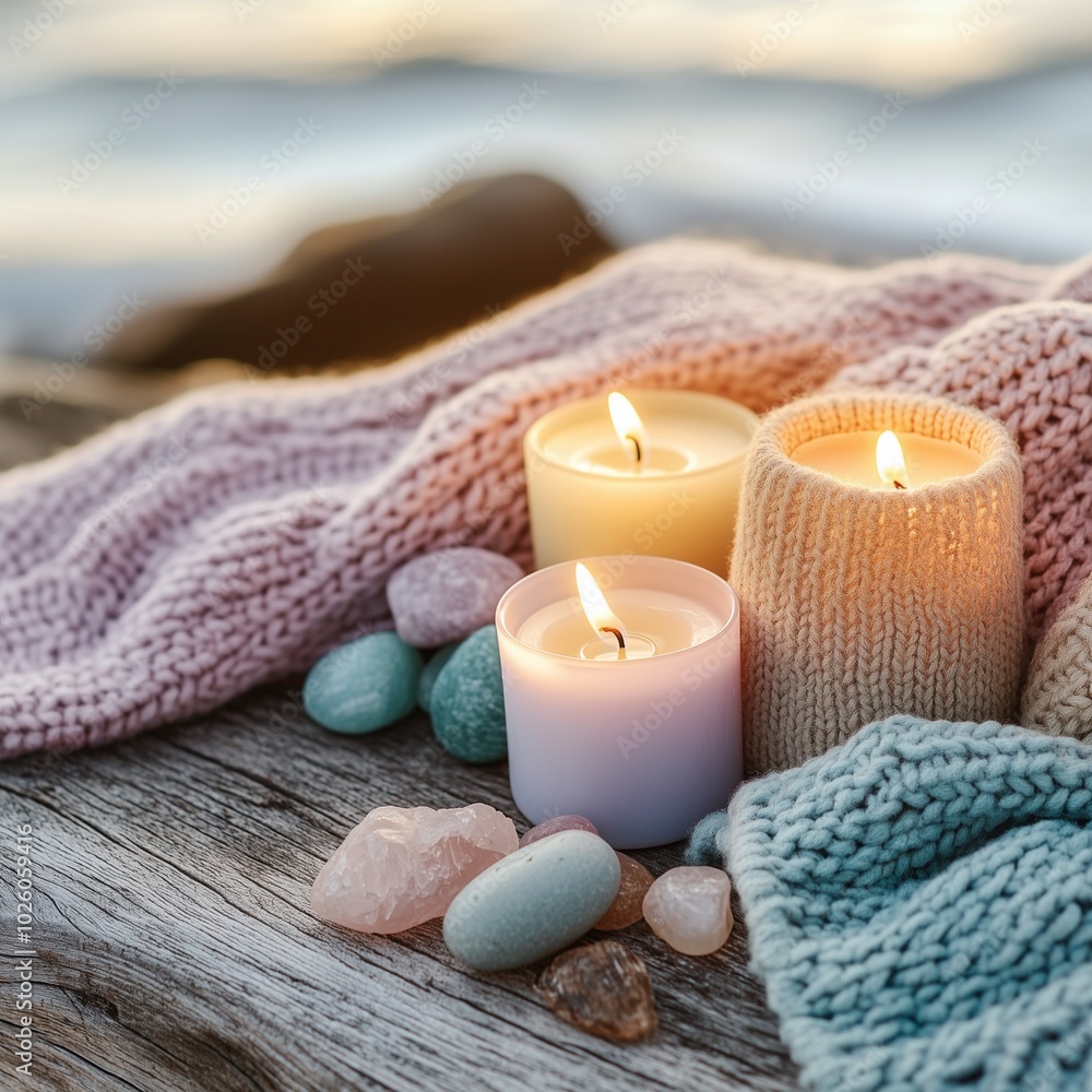 Cozy candles and stones create a serene ambiance, complemented by soft textures, evoking tranquility and warmth in a natural setting. Cozy candles and stones create a serene ambiance, complemented by soft textures, evoking tranquility and warmth in a natural setting.